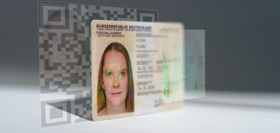 Ausweisdokument mit QRCode im Hintergrund und hervorstehendem Passbild einer Person