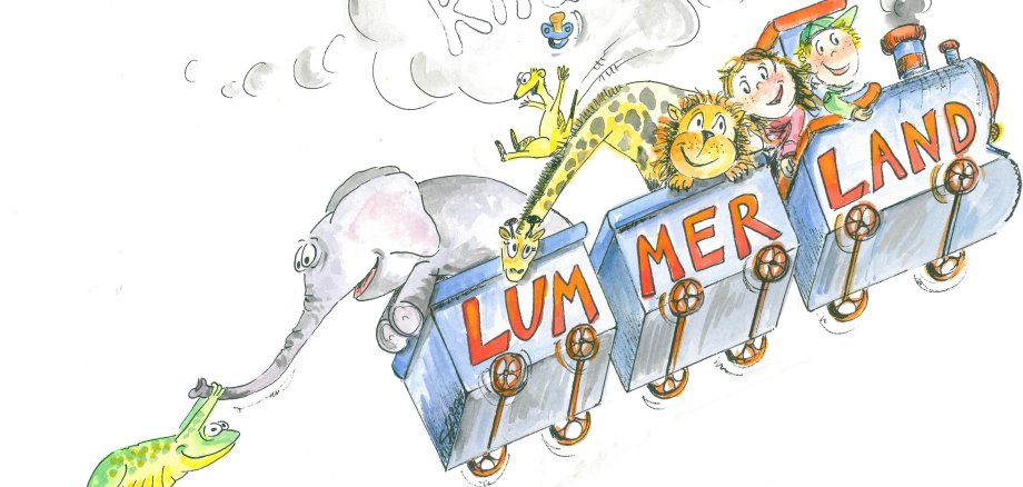Logo der Kita Lummerland, zeigt Löwe, Giraffe, Elefant und Frosch in einem Zug mit mehreren Wagons sitzend, der von zwei Kindern gesteuert durch die Lüfte fliegt
