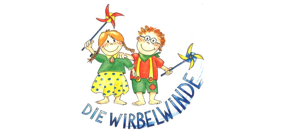 Logo der "Wirbelwinde" zeigt zwei Kinder mit Windrädchen in den Händen