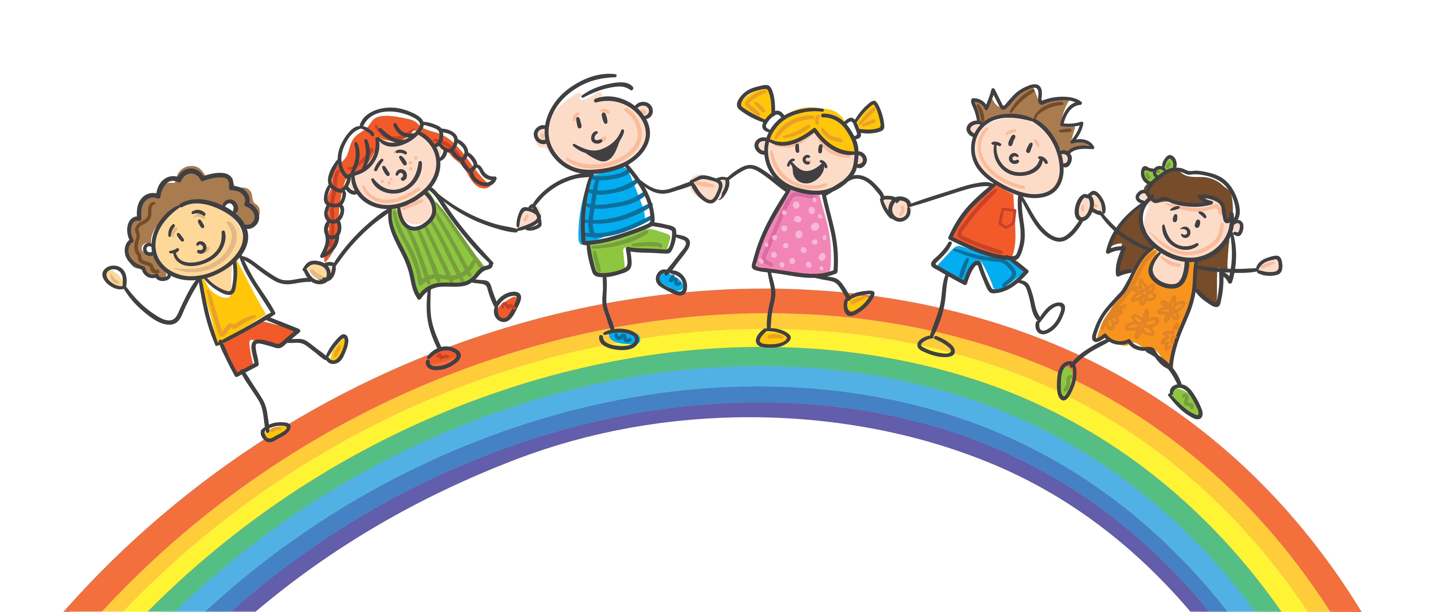 Illustration mehrerer Kinder, die sich auf einem Regenbogen stehend an den Händen halten