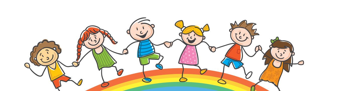 Illustration mehrerer Kinder, die sich auf einem Regenbogen stehend an den Händen halten