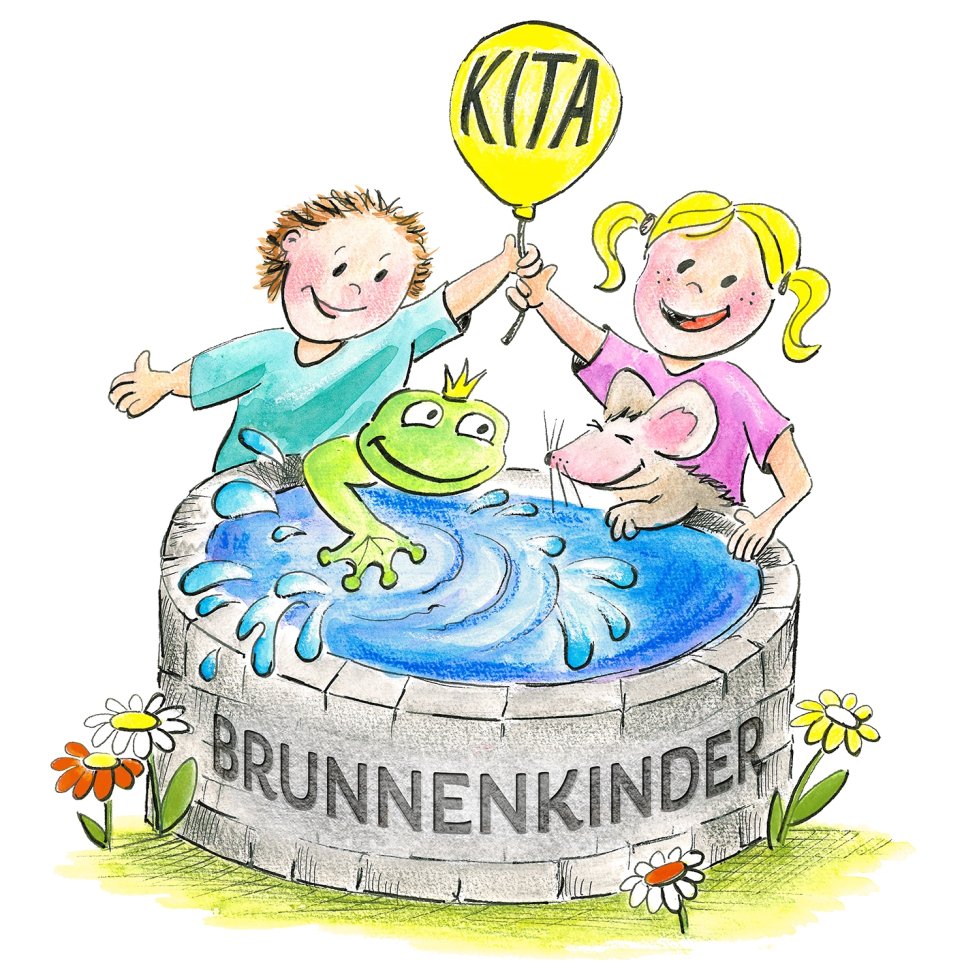 Logo der Brunnenkinder Geislitz, zeigt die Illustration zweier Kinder an einem Brunnen