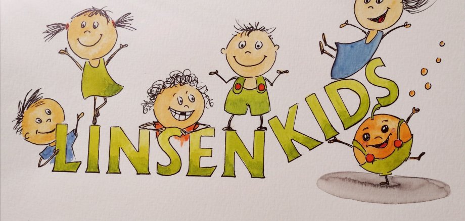 Illustration der Kita Linsenkids, zeigt Kinder mit einer Linse, die den Schriftzug Linsenkids hält