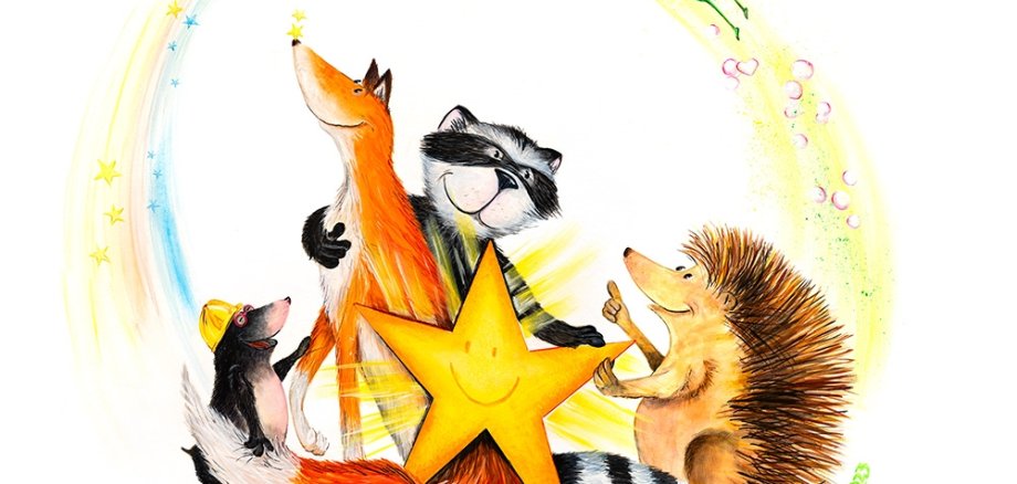 Logo der Kita Traumwerkstatt, zeigt Fuchs, Dachs, Igel, Maulwurf, einen Stern, eine Fliege und eine Libelle