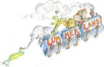 Logo der Kita Lummerland, zeigt Löwe, Giraffe, Elefant und Frosch in einem Zug mit mehreren Wagons sitzend, der von zwei Kindern gesteuert durch die Lüfte fliegt