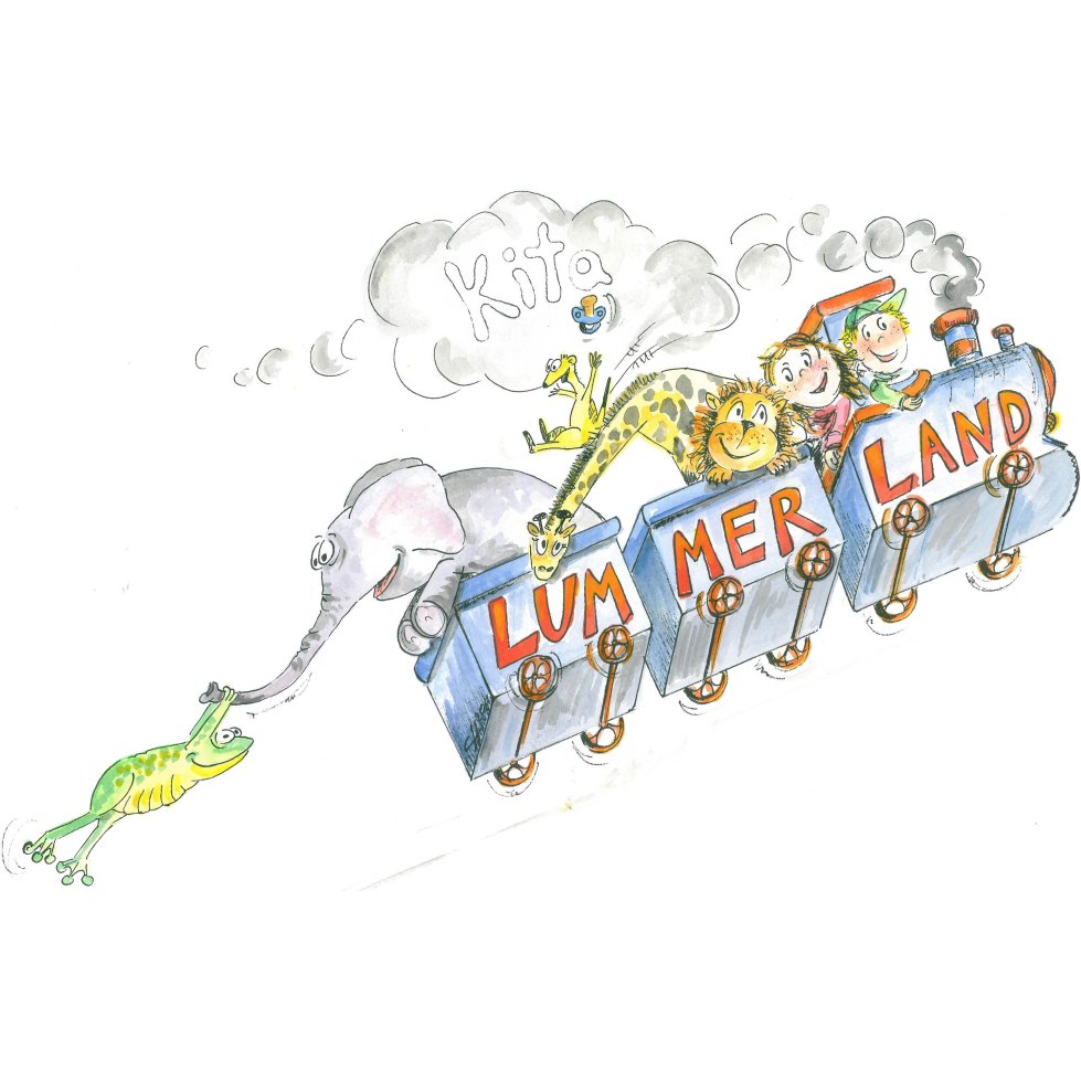 Logo der Kita Lummerland, zeigt Löwe, Giraffe, Elefant und Frosch in einem Zug mit mehreren Wagons sitzend, der von zwei Kindern gesteuert durch die Lüfte fliegt