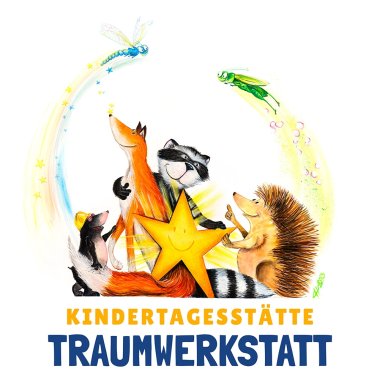Logo der Kita Traumwerkstatt, zeigt Fuchs, Dachs, Igel, Maulwurf, einen Stern, eine Fliege und eine Libelle