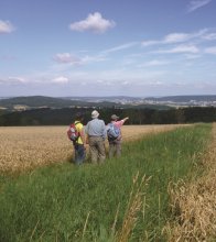 Wanderer blicken und weisen in Richtung Horizont