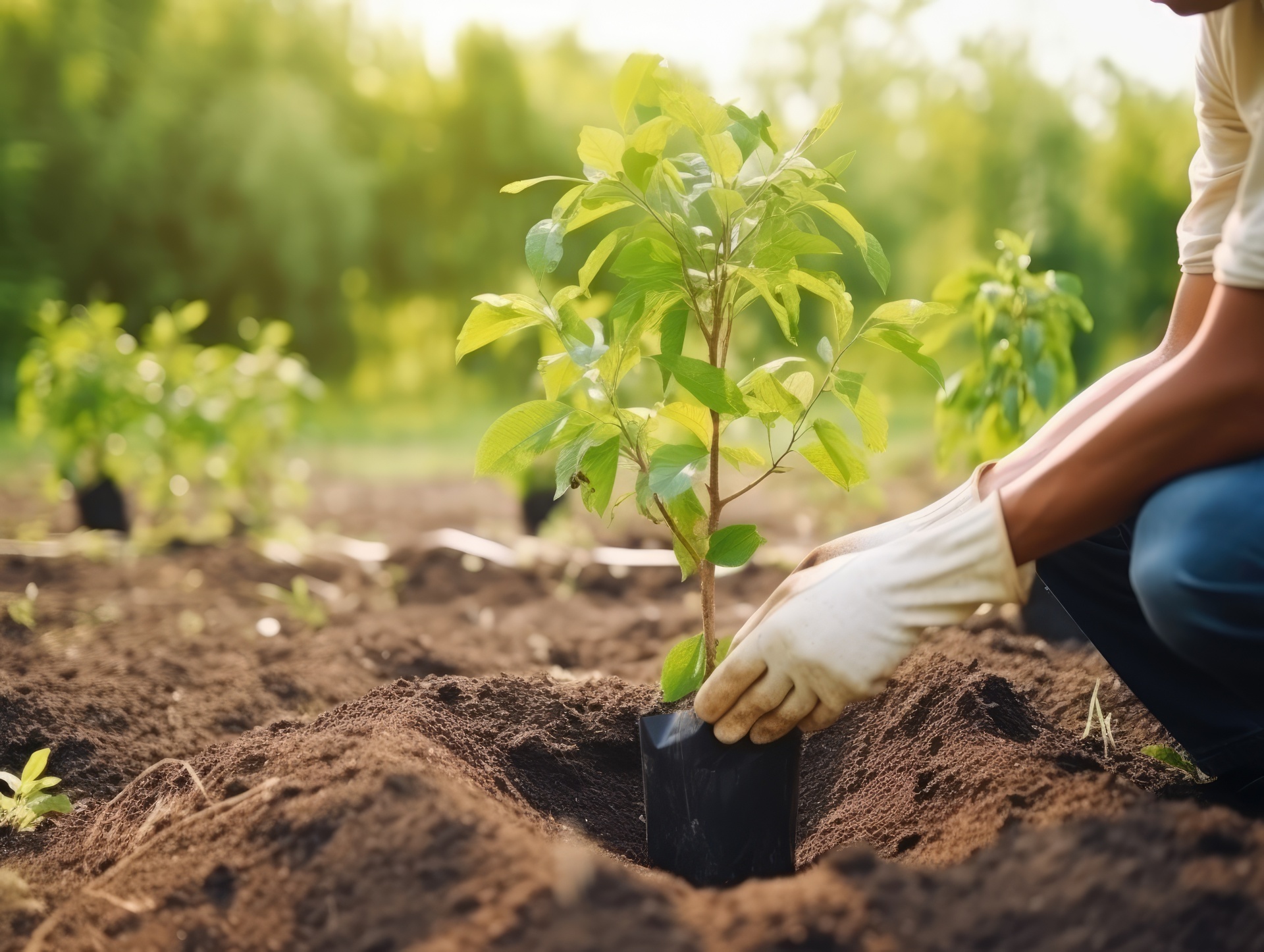 Person, die Bäume pflanzt oder in einem Gemeinschaftsgarten arbeitet, um die lokale Nahrungsmittelproduktion und die Wiederherstellung von Lebensräumen zu fördern, Konzept , created with Generative AI