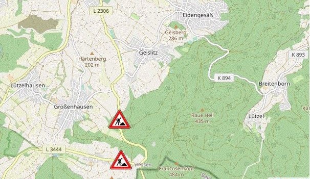 Karte, auf der die Baumaßnahme auf der L2306 dokumentiert ist
