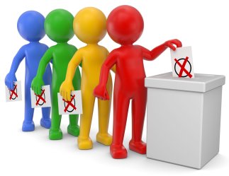 Ein blaues, grünes, roten und gelbes Männchen werfen Ihren Wahlzettel in die Wahlurne