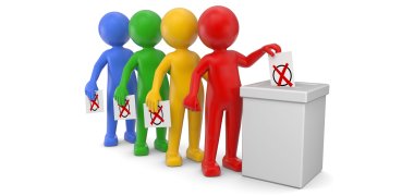 Ein blaues, grünes, roten und gelbes Männchen werfen Ihren Wahlzettel in die Wahlurne