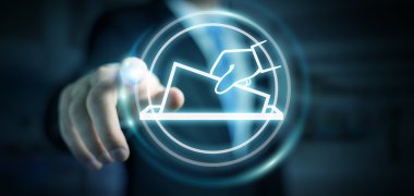 Ein Mann in Business-Outfit vor virtuell anmutenden Hintergrund wählt über ein digitales Interface