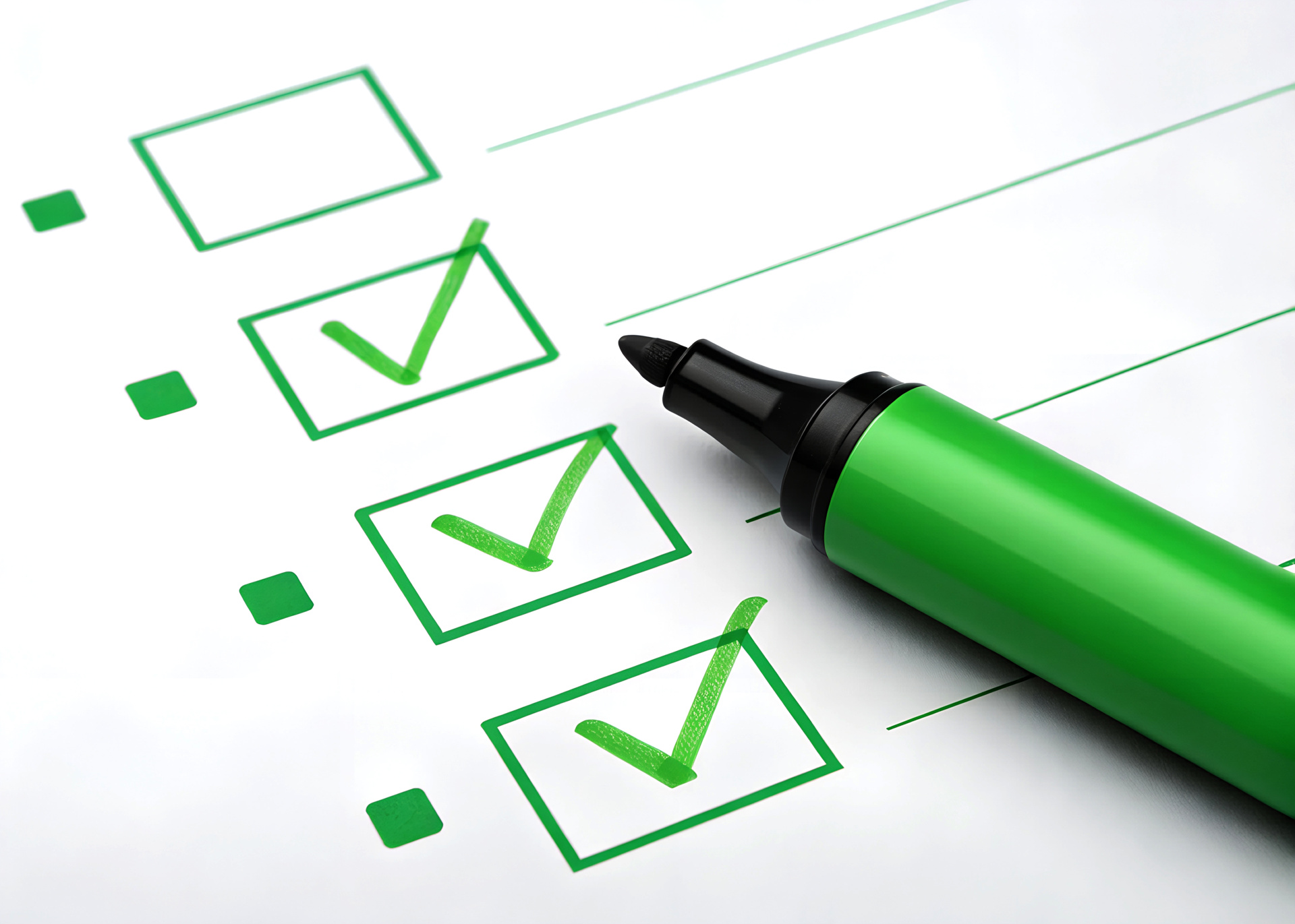 Green marker ticking off items on a checklist with check boxes