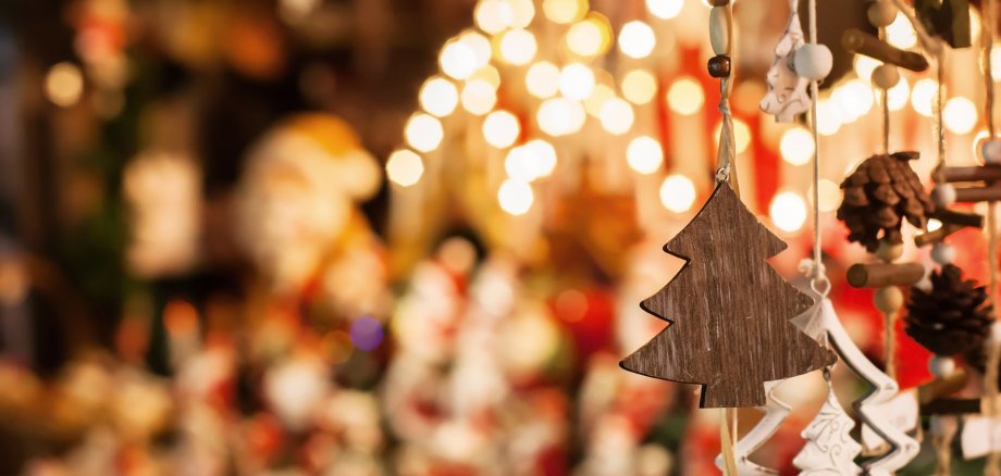 christmas decoration tree in the shop, winter street market in Europe