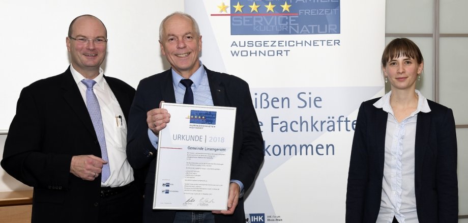 Bürgermeister Albert Ungermann erhält aus den Händen von Hr. Dr. Gunther Quidde (Geschäftsführer IHK) die Urkunde