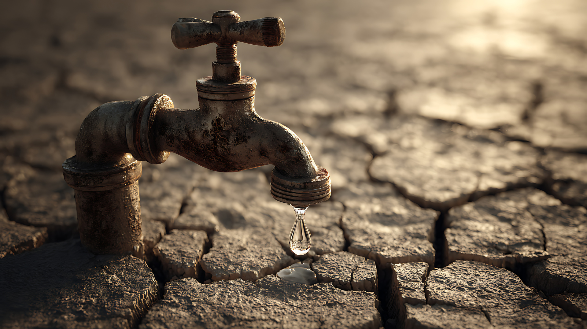 Leaking faucet on cracked earth symbolizes water scarcity and drought conditions.